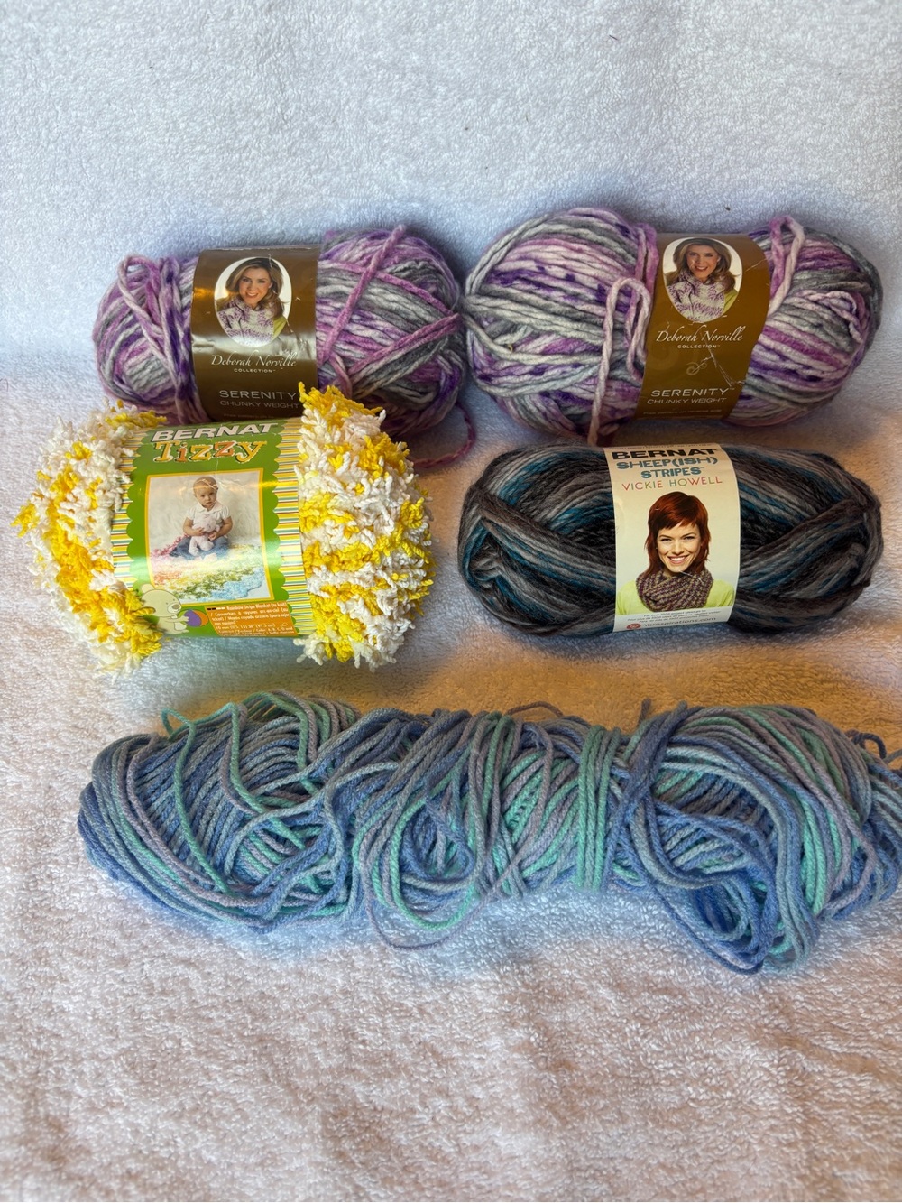 5 Skeins of Yarn - Serenity Chunky, Bernat Tizzy, Bernat Sheepish & More!!